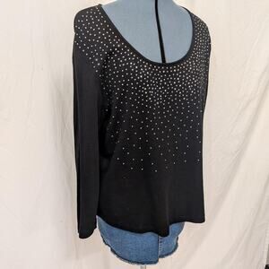 Rafaella black cotton long‑sleeve studded scoop‑neck top, size XL